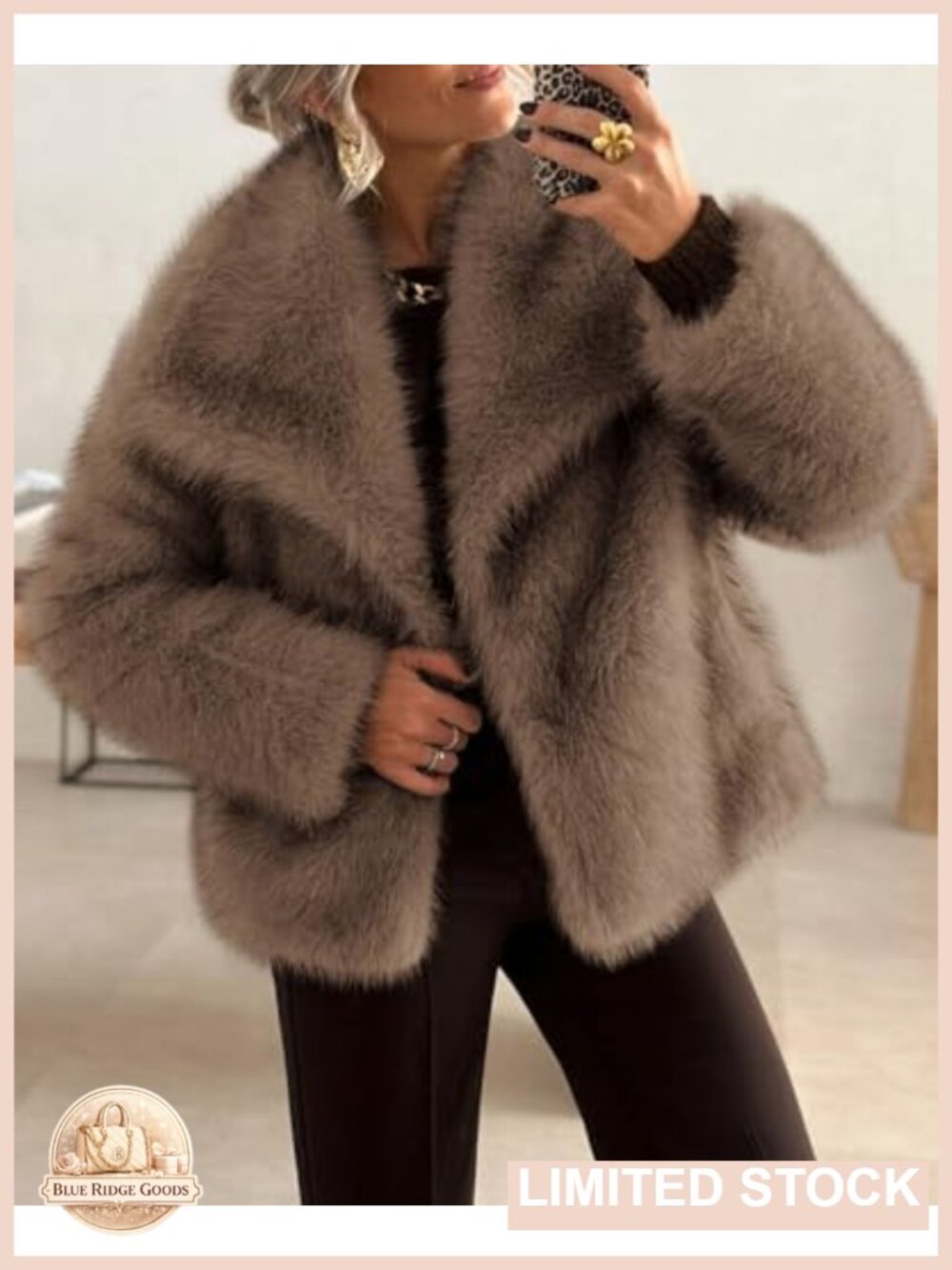Womens Faux Fur Oversized Winter Coat Long Sleeve Button Down Lapel - Picture 5 of 6